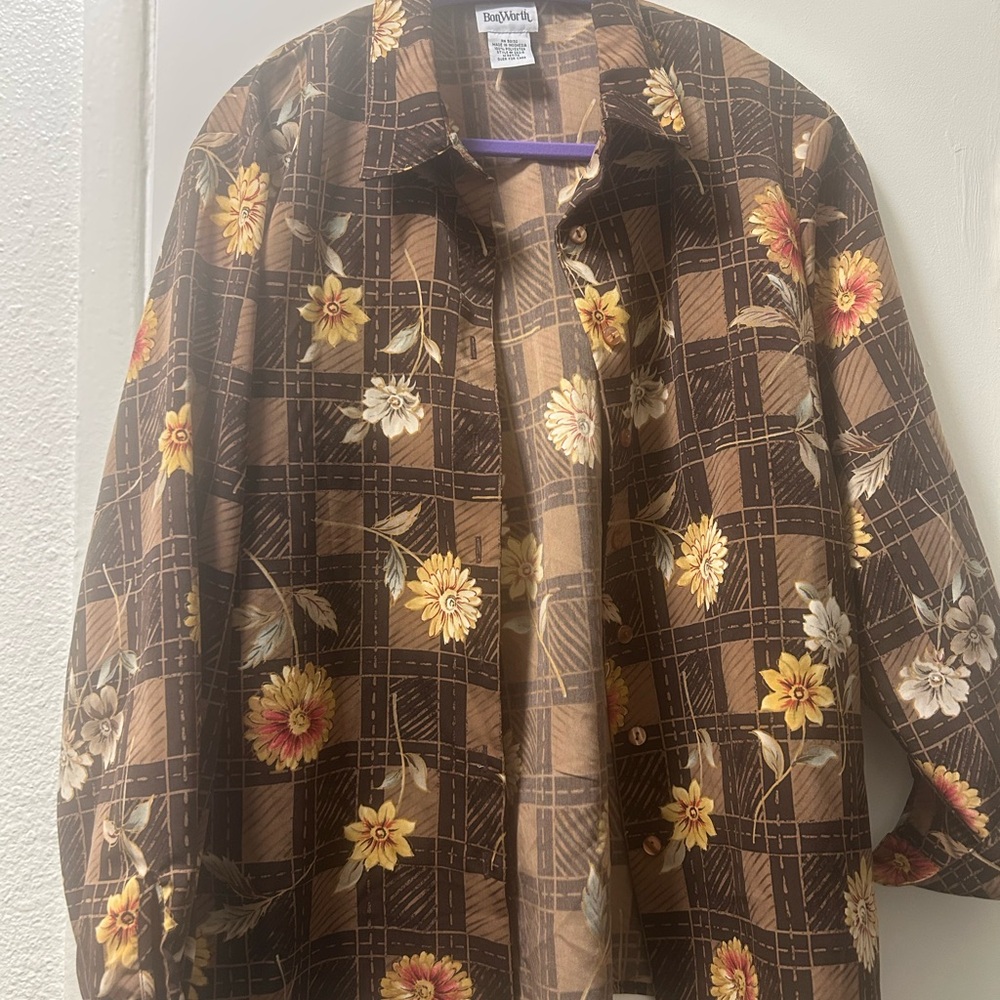 BonWorth Brown and Yellow Button Down Shirt with Floral Accents